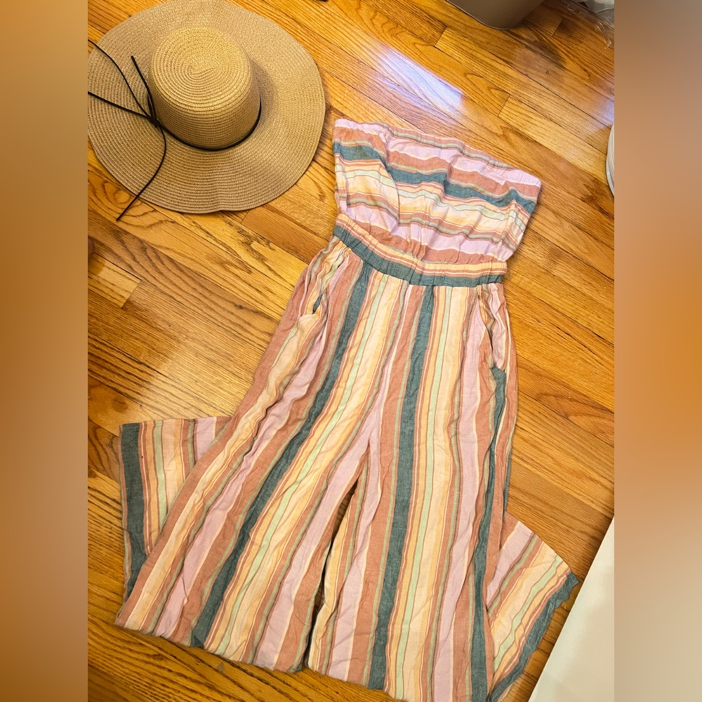 American Eagle - strapless striped jumpsuit with adjustable open back